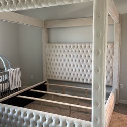 Ivory Canopy Bed Frame Button Tufted 87” Tall Foundation Needed Brand New In Box Firm Price Queen $599 Eastern King $640