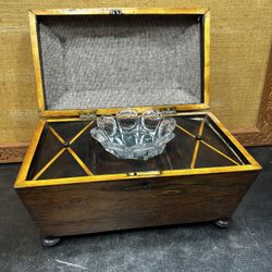 1800s Antique  Rosewood Tombstone Tea Caddy Document Box Regency Inlaid
