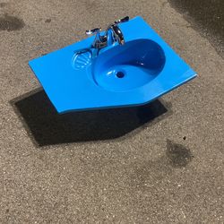 Vintage Maui Blue Bathroom Sink W/ Engraved Shell Soap Holder