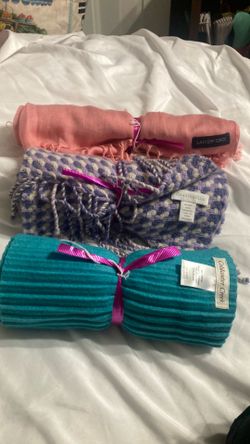 Scarfs ,teal by cold water Creek  pink by Lands’End  purple by CHARTER CLUB mixed purple’s patter