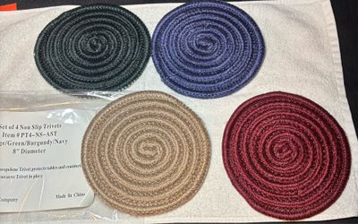 Brand New Set of 4 Non-Slip Woven Trivets – Beige, Green, Burgundy & Navy – 8” Diameter