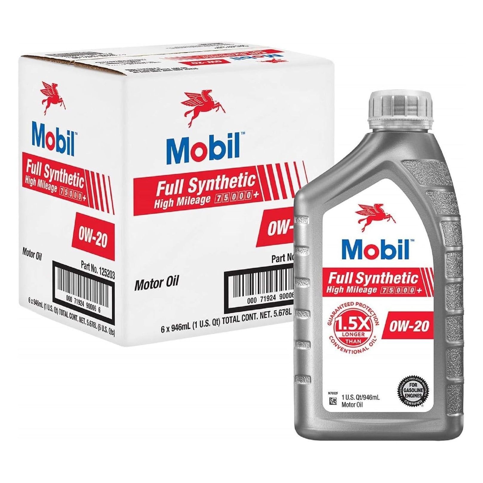 Mobil Full Synthetic High Mileage Motor Oil 0W-20, 1 Quart (6-pack) (125203)