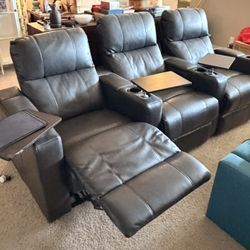 3-Seat Reclining Theater Seating w/ Cup Holders, Storage & Tray Tables – Great Condition