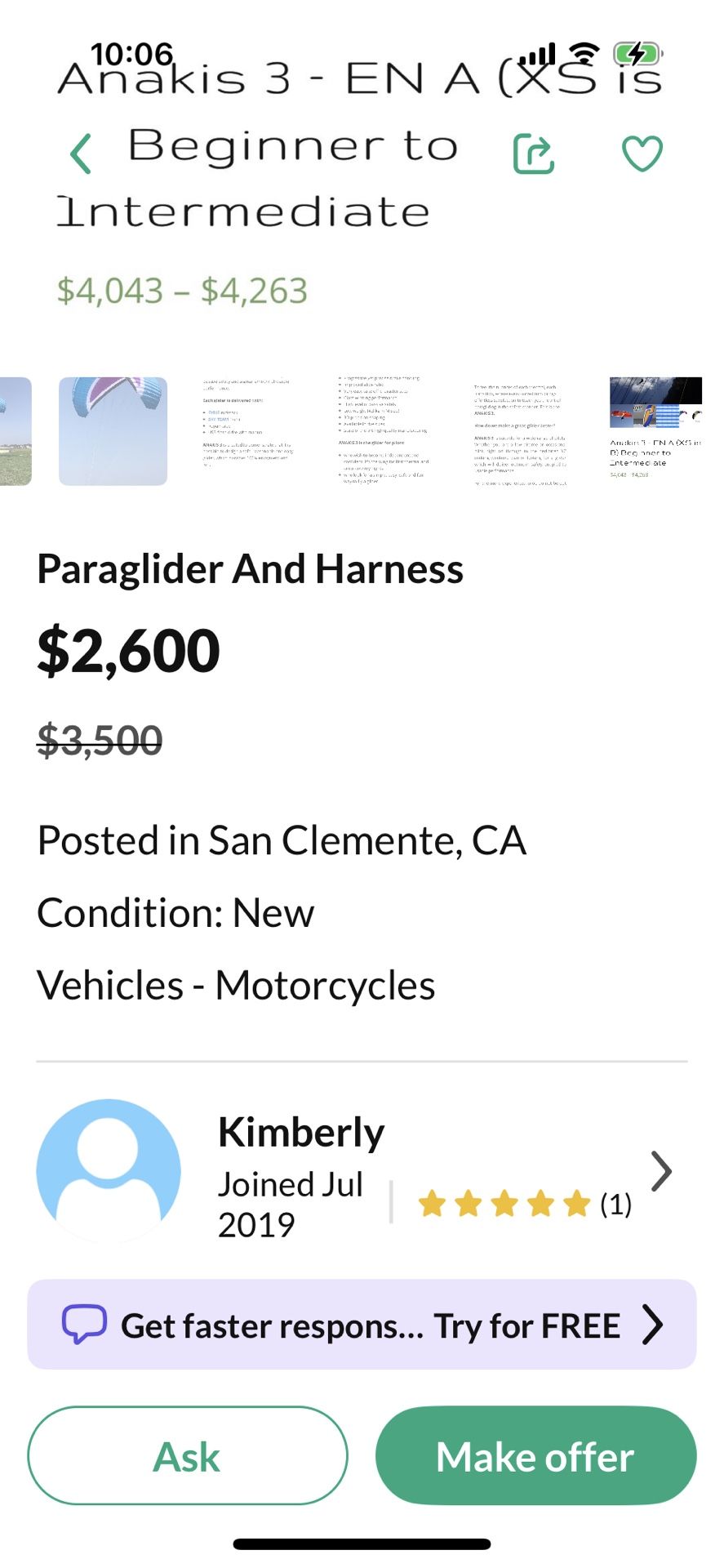 Paraglider Flown Few Times.