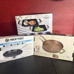 9 1/2 Inch Stainless Steel Fry Pan And 10 Inch Cast-Iron Go It And Two Piece Rustic Tray Set