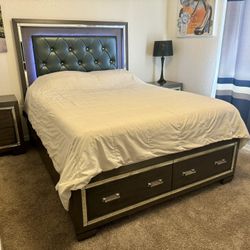 QUEEN BED FRAME, BRAND NEW QUEEN NECTAR MATTRESS, TWO SIDE TABLE NIGHTSTANDS