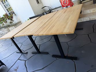 $250 each Solid Wood Electric Desk 71 x 30 Standing Desk, Adjustable Height, Butcher Block Desktop & Black Frame