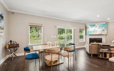 Stone Dining Table with Velvet Chairs (White & Gold Table and Beige and Blue Chairs