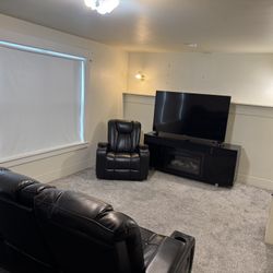 Home Living Room Set w/ 75” Insignia Fire Televisions Surround Sound  & LED  Fire Place w/ Sound Bar
