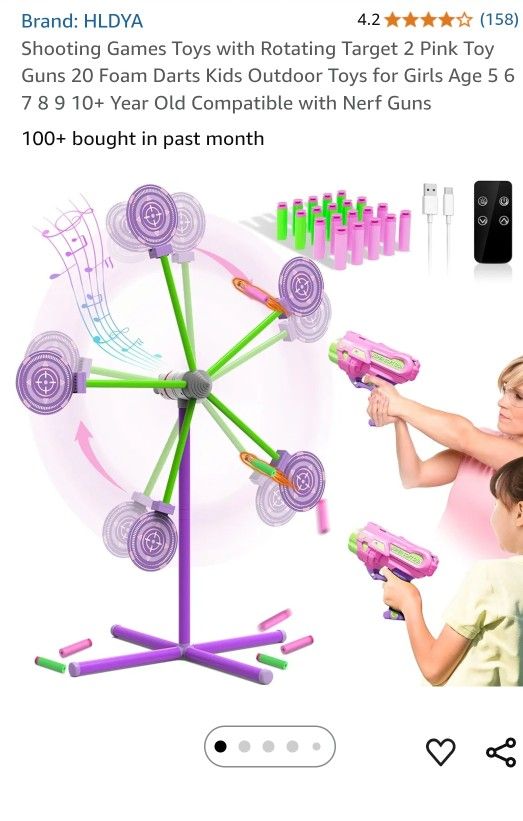 Shooting Games Toys with Rotating Target 2 Pink Toy Guns 20 Foam Darts Kids Outdoor Toys for Girls Age 5 6 7 8 9 10+ Year Old Compatible with Nerf Gun