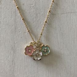 (NEW) Cherry Blossom Flowers Enamel Charms Gold Necklace