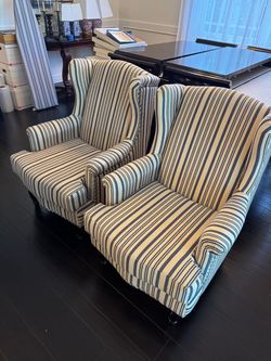 Pair of Pottery Barn Striped Wingback Armchairs - Retail: $2800