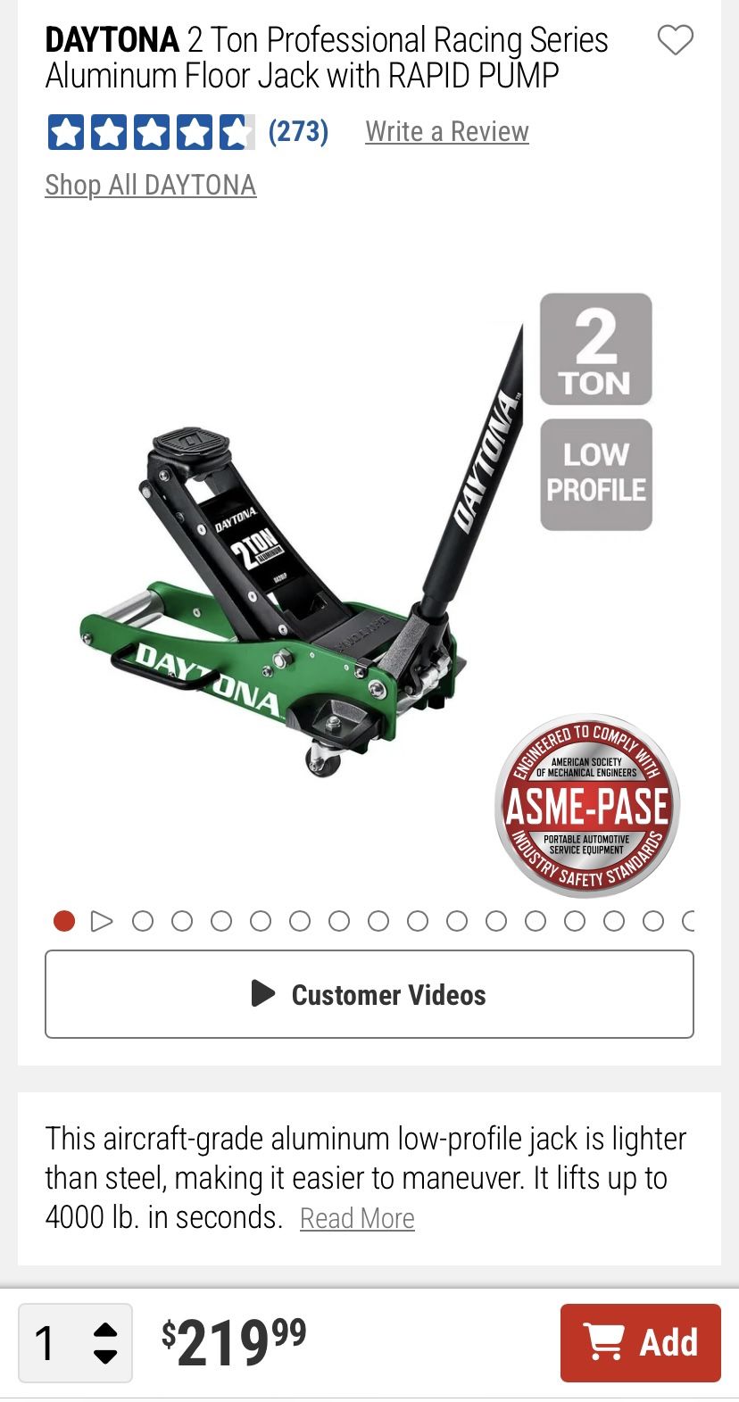 DAYTONA 2 Ton Professional Racing Series Aluminum Floor Jack with RAPID PUMP