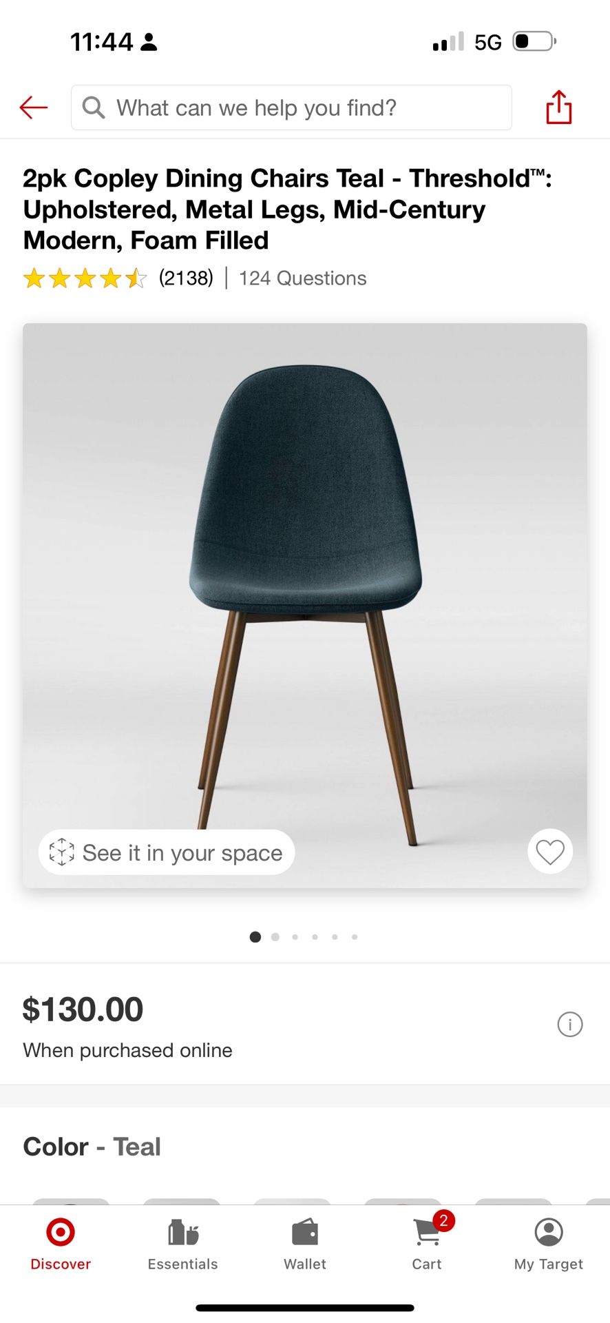 2pk Copley Dining Chairs Teal - Threshold™: Upholstered, Metal Legs, Mid-Century Modern, Foam Filled