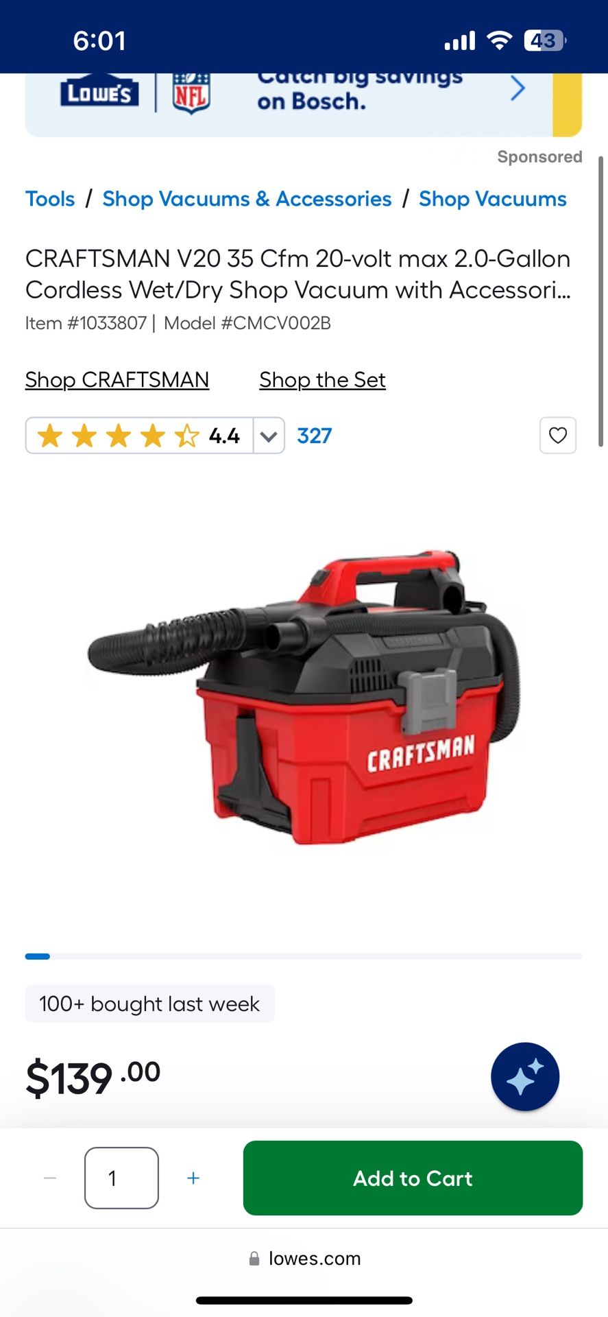 Craftsman 20v Cordless Shop Vacuum W/ Dewalt 20v Battery Adapter