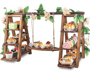 Wooden 3 Tier Cupcake Stand with Swing and Flower Decoration Serving Removable Tray Display Serving Ladder Foldable Stand with Serving Platter Tray Pa