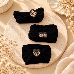 3 Pac,Black Velvet Bow Hair Clip Rhinestone Heart Accent Solid Women’s/mini