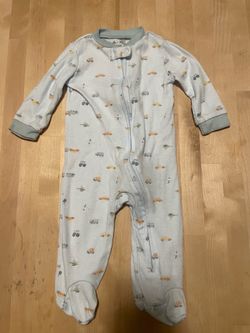 Pale Blue Footed One-Piece with Tiny Vehicle Print