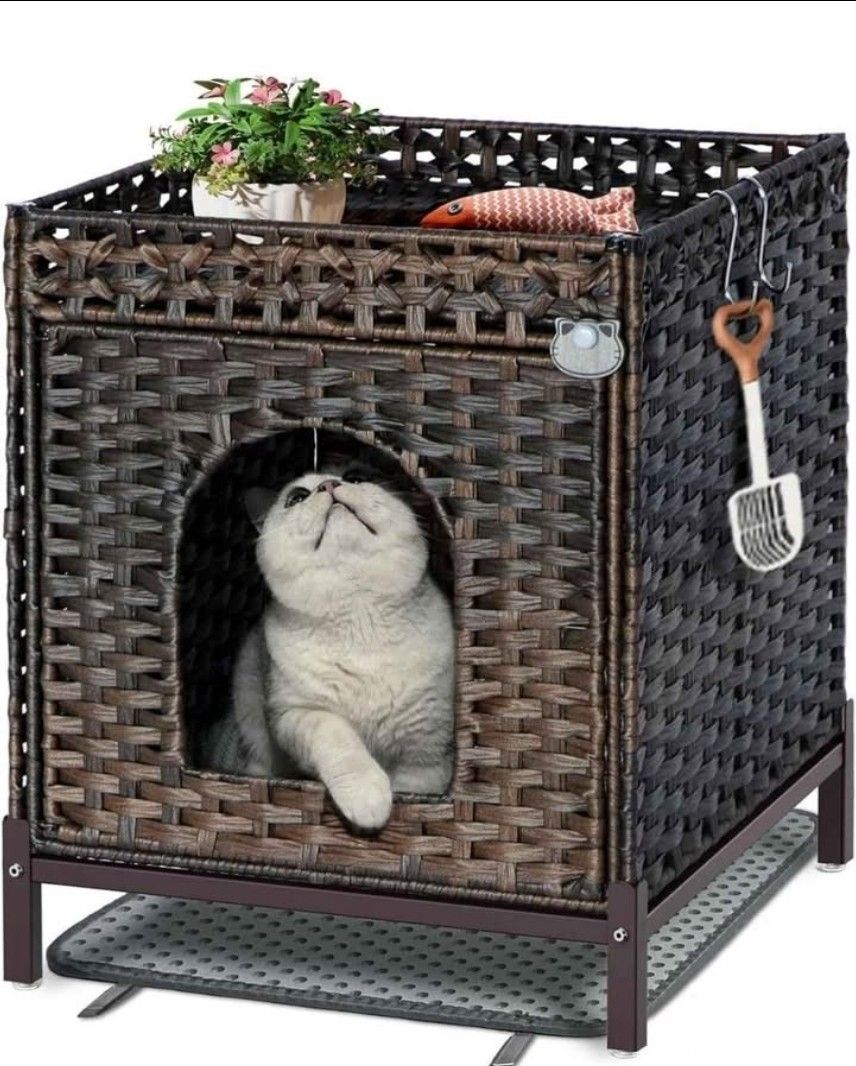 Cat Litter Box Enclosure, Cat Litter Box Enclosure Furniture with Cat Litter Mat, Handwoven Rattan