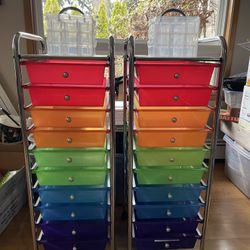 2 Rainbow 10-Drawer Rolling Organizer Carts + Storage Boxes (Craft / Classroom)