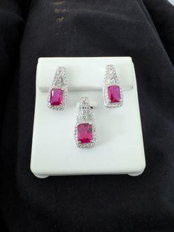 Red Ruby dreamy Cluster Drop Stud Earrings and necklace set 925 Sterling Silver