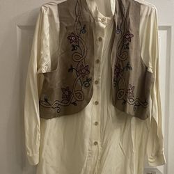 Brand New Cream Long Sleeve Top With Attached Vest Size M 