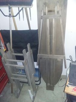 Antique wood ironing board and wash stand