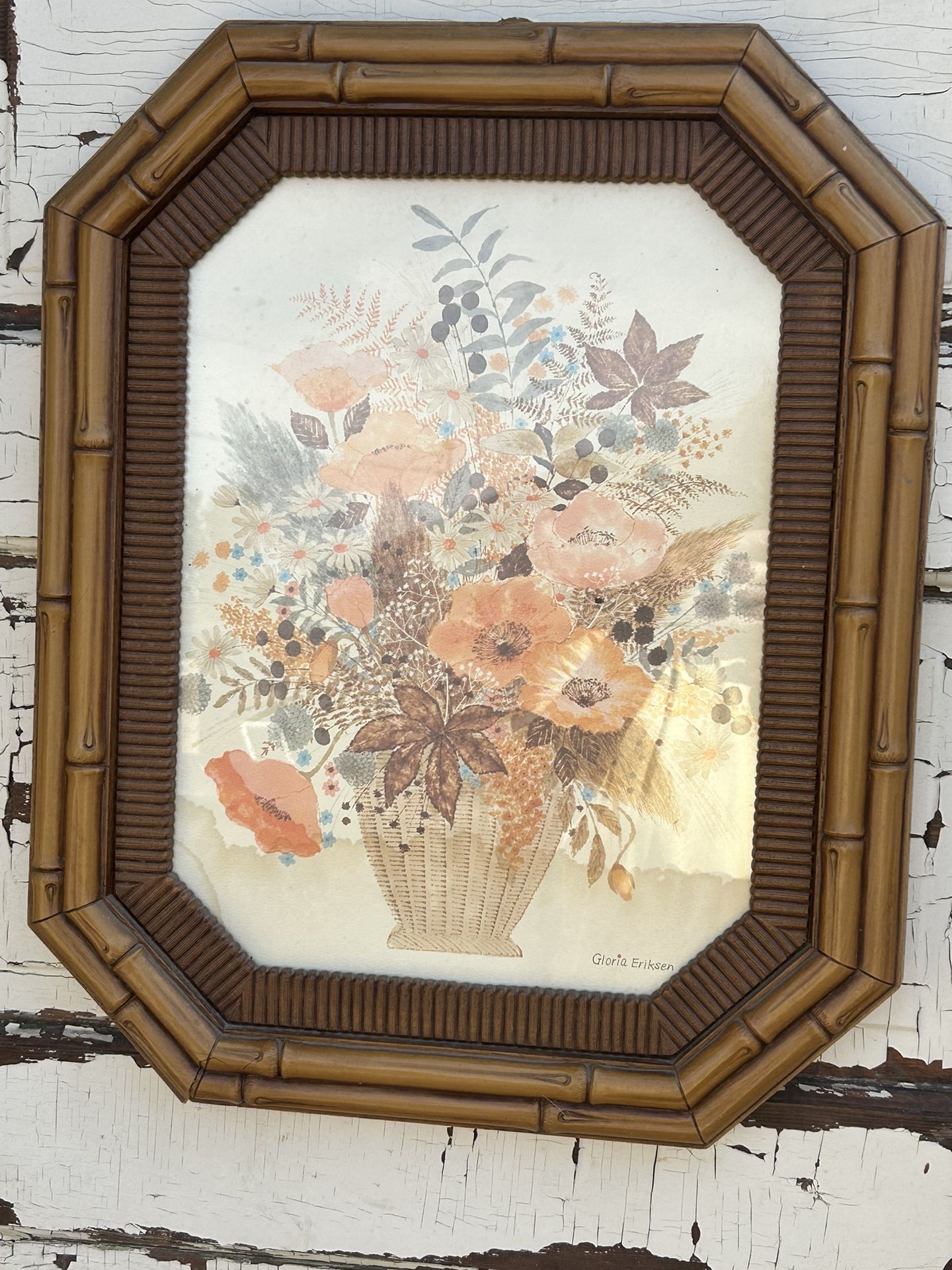 Rookie move on my part; Vintage Early 80s Boho Print in Hard Plastic Bamboo Frame w/Flaws: