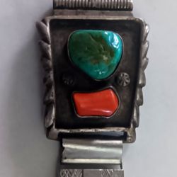 Men's Native American Navajo Sterling Silver Turquoise Coral Watch Tips w/Band 