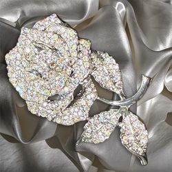 Vintage 2000s Silver Rhinestone Pearl Rose Brooch, NWT, 1.5x2.25”