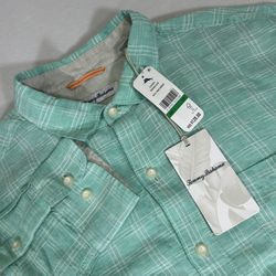 NWT Tommy Bahama Men's Large Ventana Plaid Turqoise 100% Linen Long Sleeve Shirt