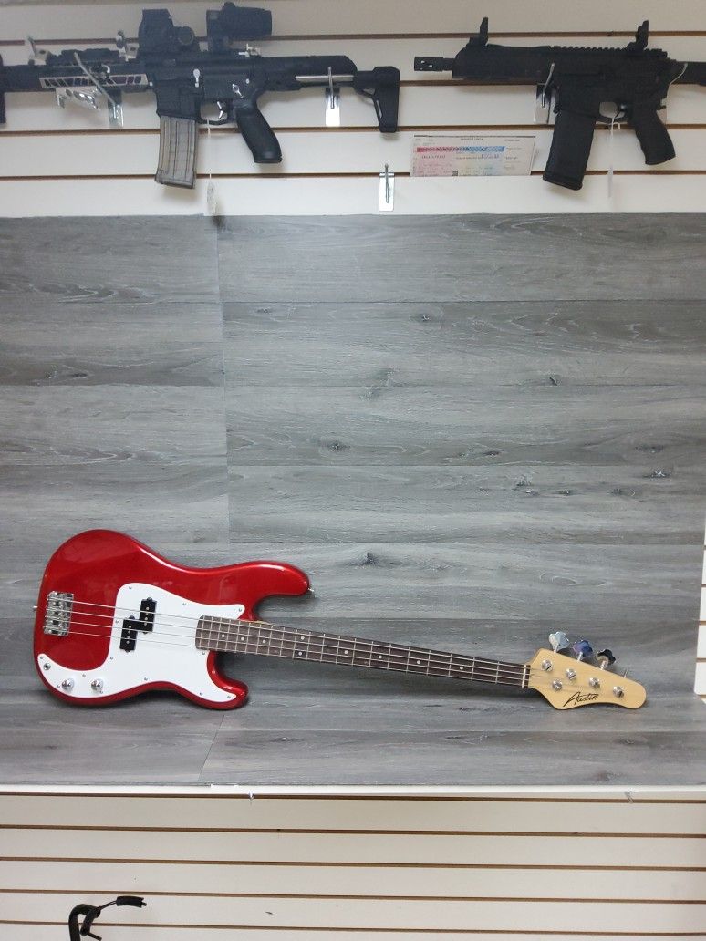 Austin Red 4 String Bass Guitar Missing One Tuner 