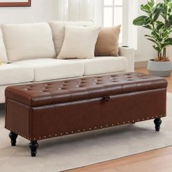 51” Brown Faux Leather Storage Bench 