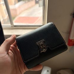 Burberry Black Real Grain Leather Folding Wallet with Gold Logo TB