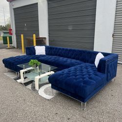 Beautiful Velvet Blue Tufted Sectional Couch Delivery Available 