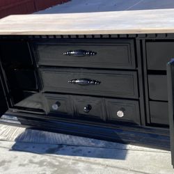 MCM Long 9 Drawer Black Dresser With Clear Top
