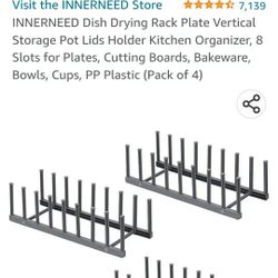 Dish Drying Rack Plate Vertical Storage Pot Lids Holder Kitchen Organizer, 8 Slots for Plates, Cutting Boards, Bakeware, Bowls, Cups, PP Plastic (Pack