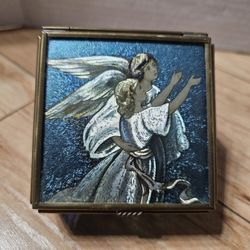 Vintage 1993 Iridescent Angels Trinket Jewelry Box Thomas Cathey Collection Vermont Limited Metal Glass Blue