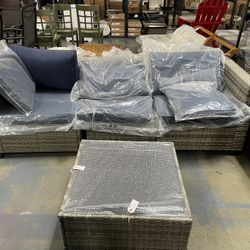 Assembled 4 Pcs Outdoor Patio Furniture Gray Wicker Blue Cushion Outdoor Furniture Sofa Set 