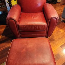 Pottery Barn Style 100% Leather Reclining Arm Chair and Ottoman