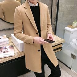 Mens Wool Blend Mid Long Casual Trench Coat Slim Two Buttons Formal Parka Jacket