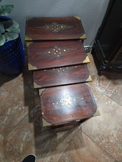 4 Nesting Hand Carved Beautiful Table Set.  Bottom. Drawer Opens Up. Rare Find Worth More.