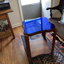 Vintage End Table With Blue Glass 