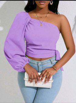 VaVaBold One Shoulder Lantern Sleeve Knot Side Crop Blouse
