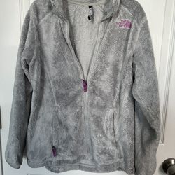 The North Face Girl's Size LGray Fleece Jacket Purple Embroidery Full Zip