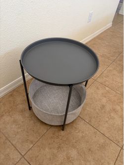 Round Metal Side Table with Fabric Storage Basket
