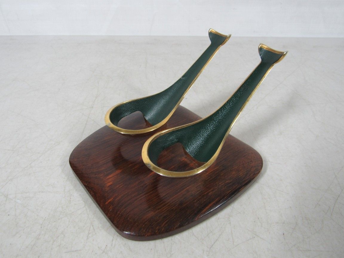 Vintage Mid Century Pipe Stand Dual Holder Solid Brass & Wood