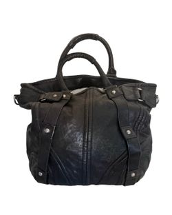 bebe Black Leather Hobo Tote – Silver Hardware, Fringe Charm