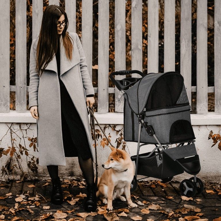 Foldable Pet Stroller with Weather Cover, 3 Wheels Pet Strolling Cart for Small/Medium Dogs and Cats with Storage Basket and Cup Holder, Gray