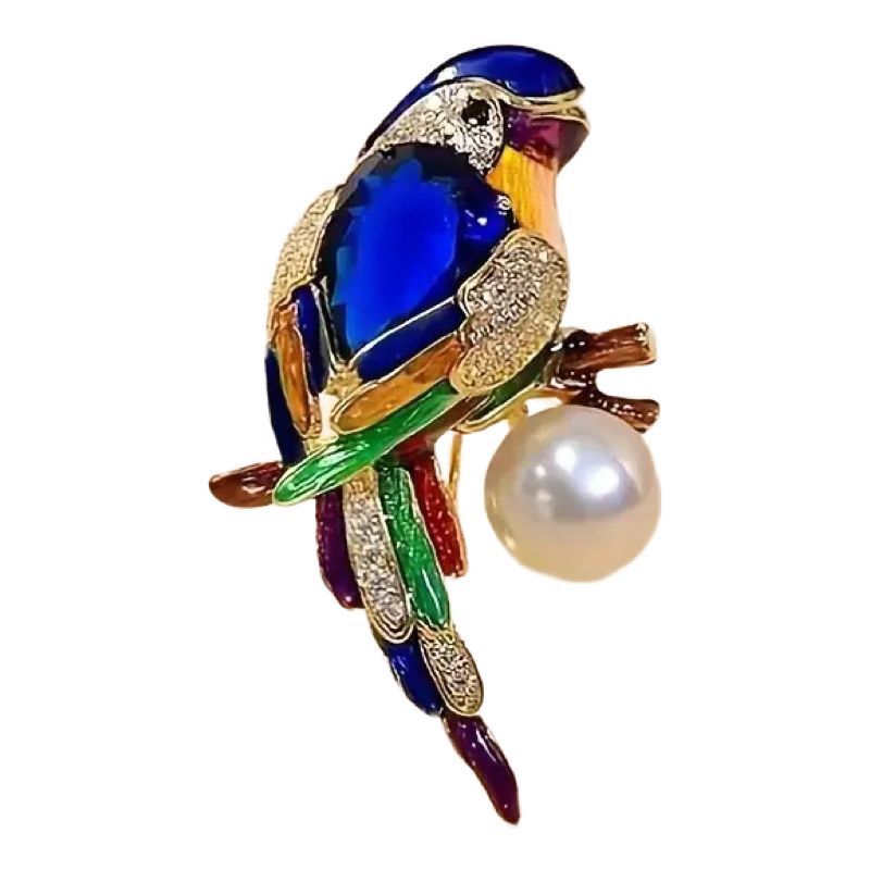 Luxury Parrot Brooch Pin, Rhinestone Crystal with Pearl, Blue Gemstone Bird Design, Gold-Tone